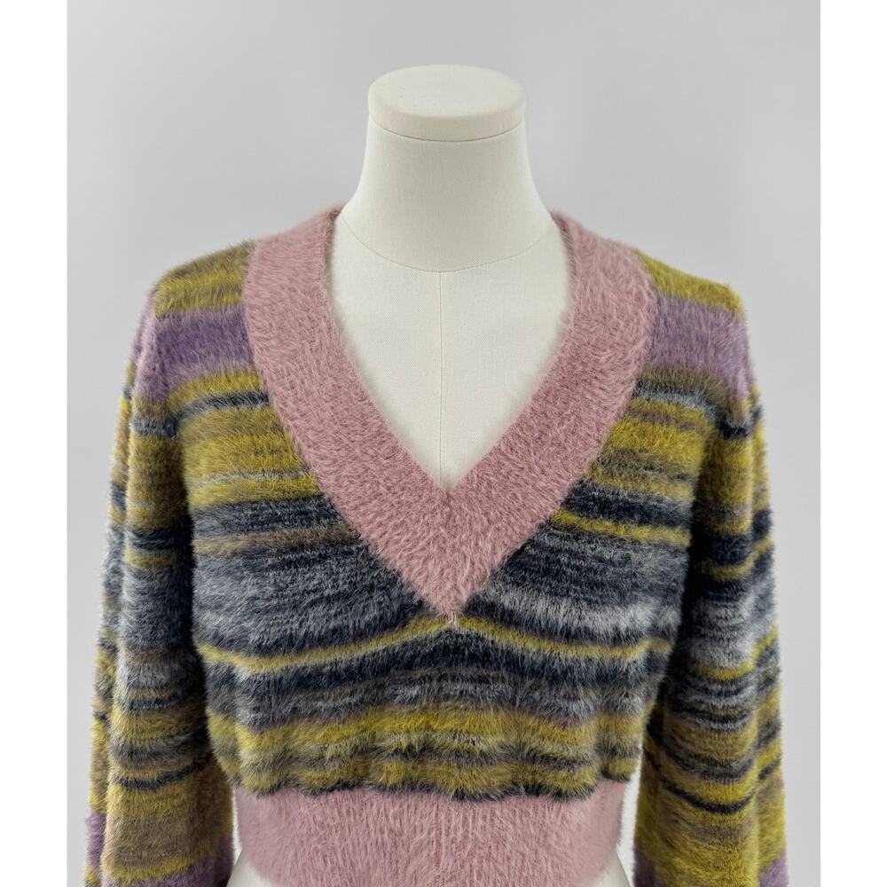 Sunday Best Aritzia Fuzzy Striped Cropped Sweater Pink Green Multi Small